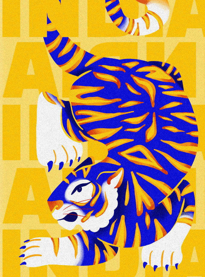 Disseny gràfic: tigre blau sobre fons groc